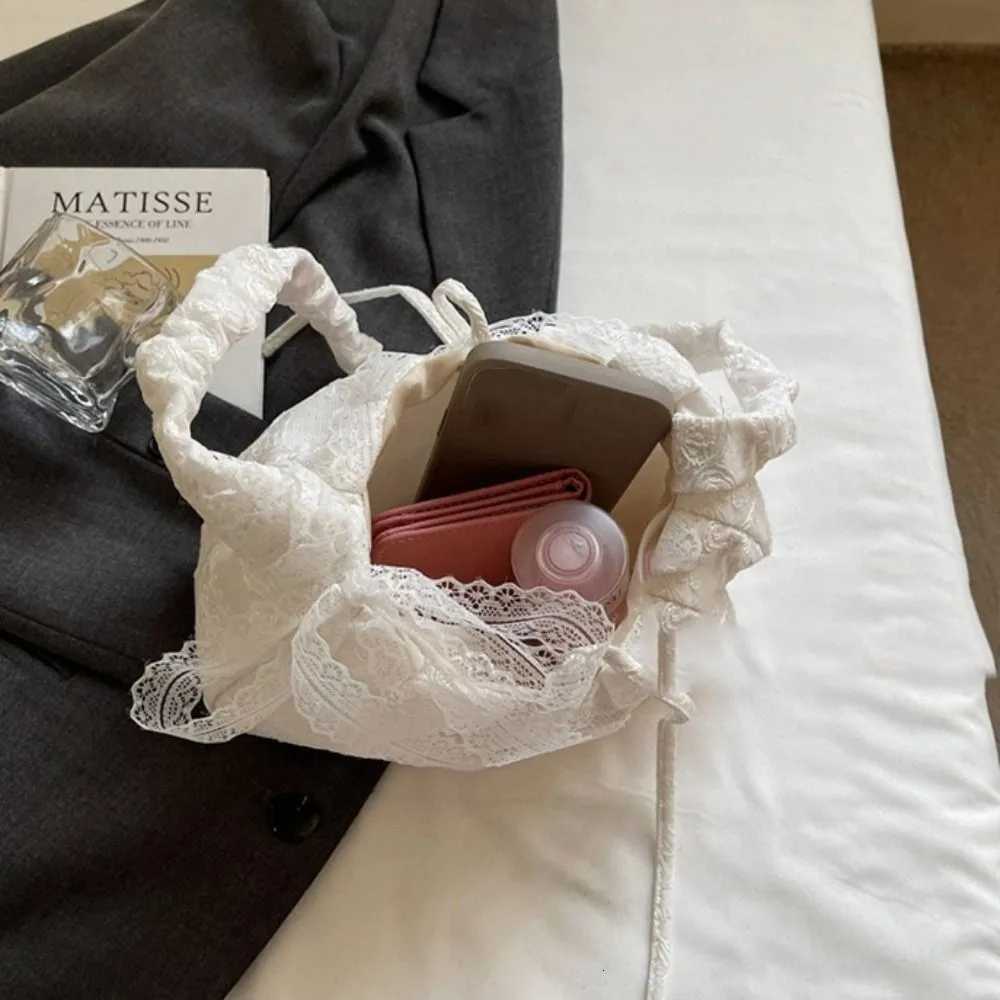 Big Pouch Tote Bag Lace Shoulder Bag With Ribbon Pleated Strap Simple Canvas Handbag Kawaii Simple Large Capacity Bag TravelT2511112