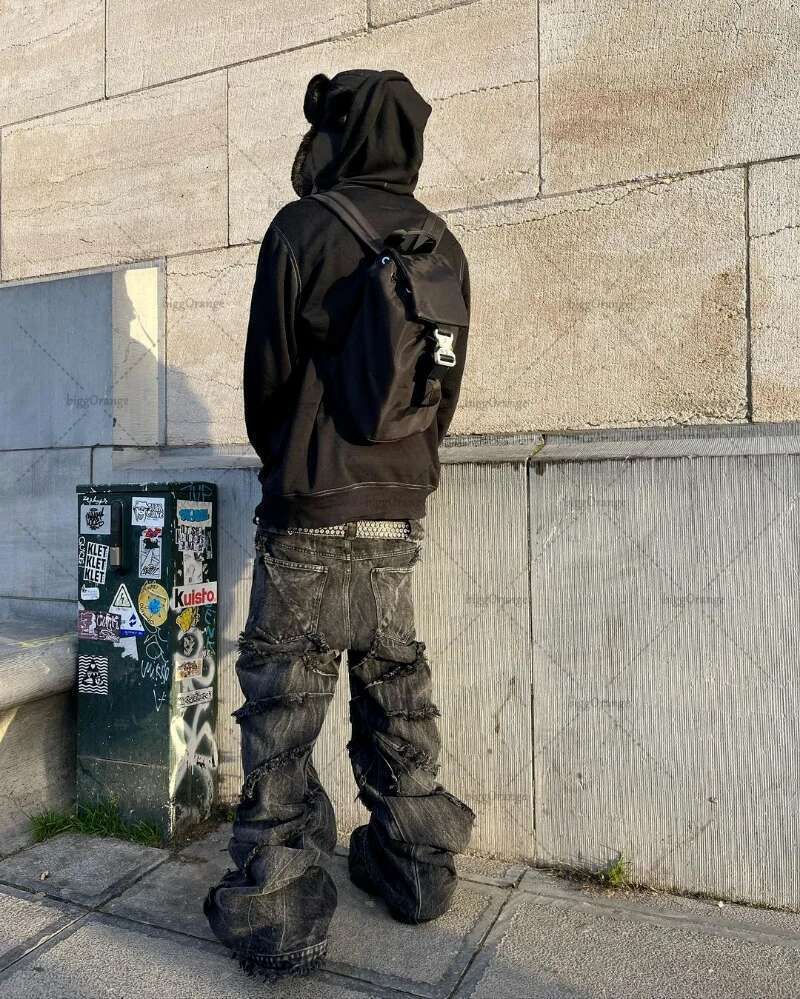 Y2K Punk Black American Street Rock Retro High Waist Oversized Jeans 2023 New Raw Edge Washed Straight Wide Leg Trousers Men