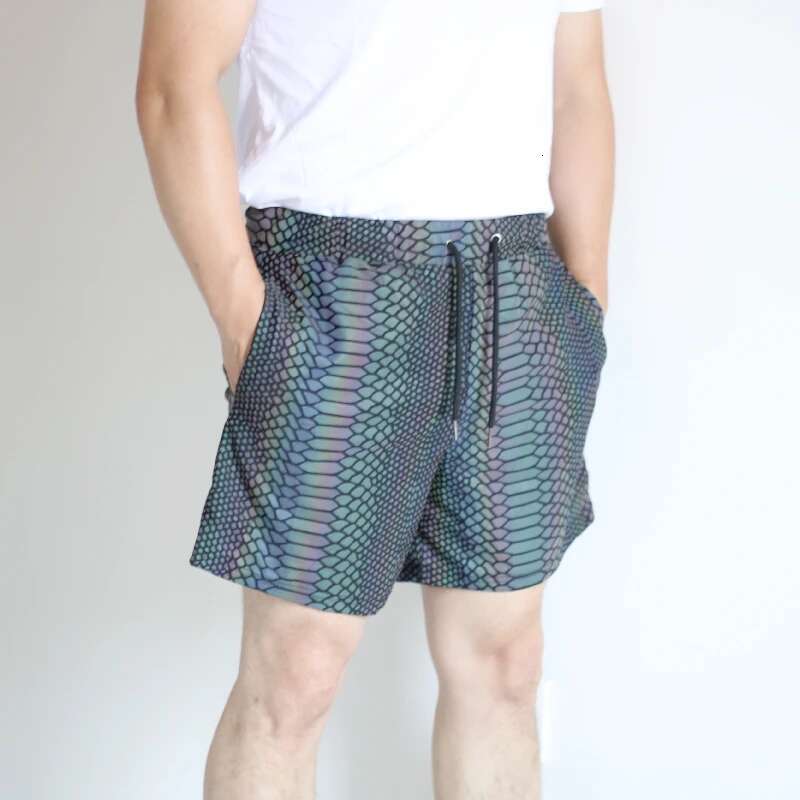 Summer Men 2025 Jogger Reflective Safety Trouser Snakeskin Print Drawstring Elastic Waist Cycg Gym Shorts With Pockets