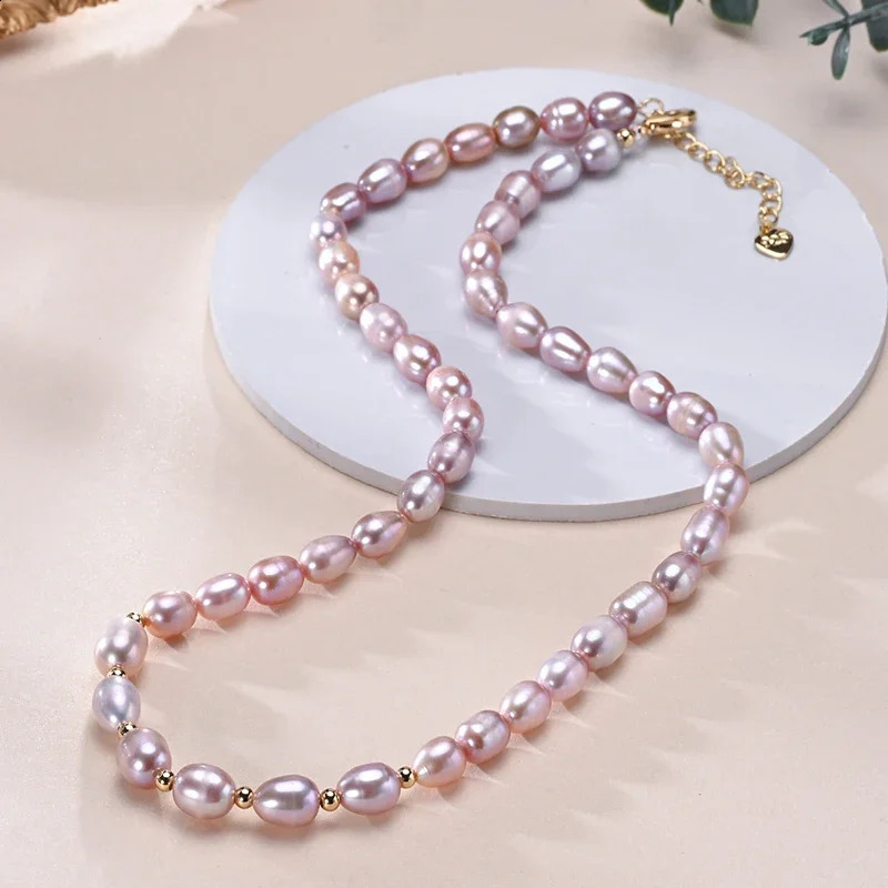 HENGSHENG 6-7mm Rice Shape Freshwater White Pink Purple Mixed Color Pearl Necklace 925 Sterling Silver Jewelry for Women Girls 250407
