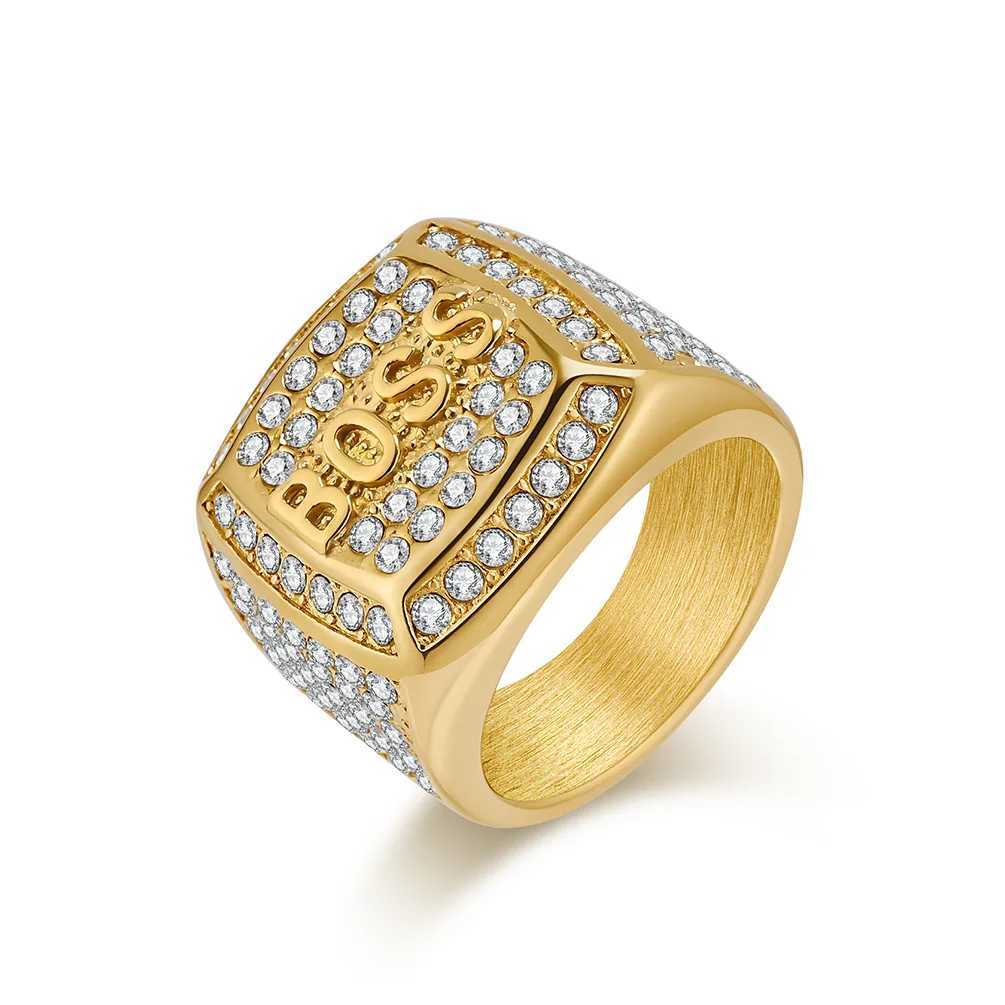 Hip hop Shining Zircon BOSS Ring Mens Stainless Steel Ring Gold Plated JewelryXJ250412