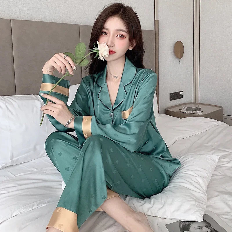 High Qualtiy Ice Silk Pajamas Suit Women Spring Autumn Thin Long-sleeved Trousers Two-piece Sleepwear Summer Loungewear Female 250411