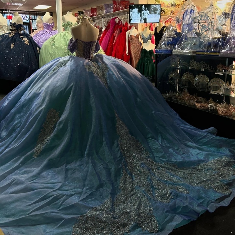 Blue Shiny Princess Quinceanera Dresses Off Shoulder Beading Crystal Applique Lace Tull Sweet 16 Dress Ball Gown Vestidos 15 Anos
