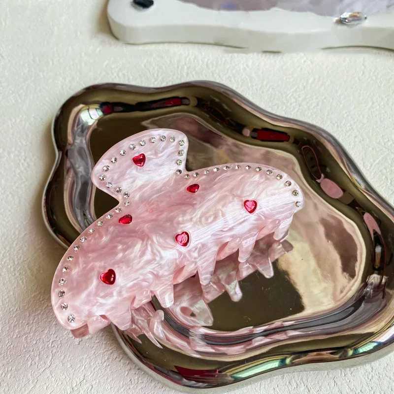 DuoShang Sweet Rhinestone Heart Powder Hair Clip Acetate Claw Clip Valentines Day Gift Crab Hair Clip Y2504012