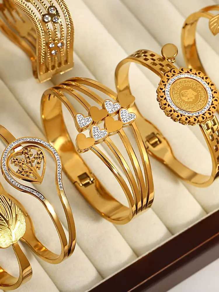 ALLYES Trendy Chic 18K Gold Color Stainless Steel Bangles Bracelets for Women Heart Coin Zircon Leaf Geometric Fashion JewelryC250411