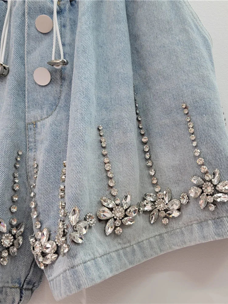 EWQ High Quality Diamond Studded Beads High Waist Loose Denim Wide Leg Shorts For Women 2025 Spring Summer 16U9607 250411