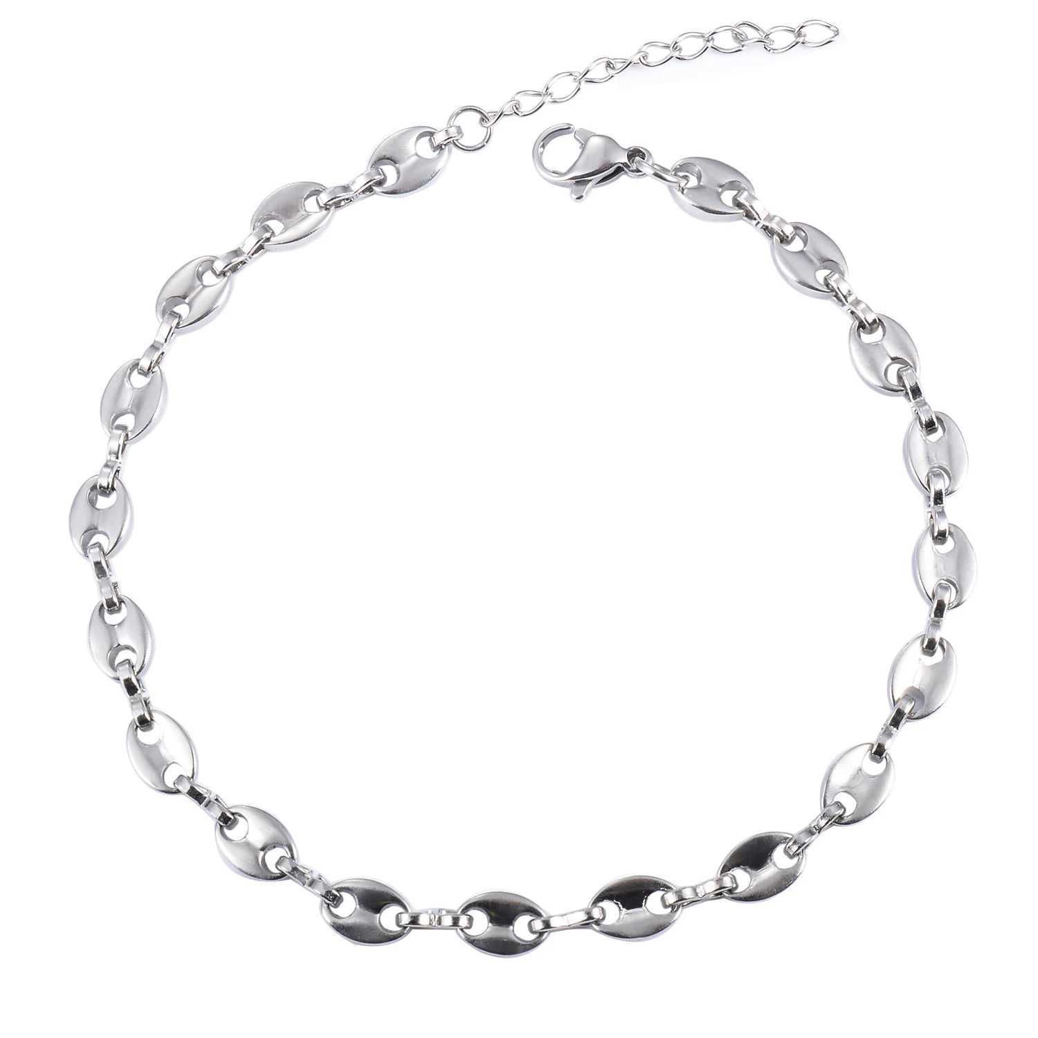 5mm 4.5mm Stainless Steel Coffee Bean Chains Gold Silver Color Pig Nose Bracelets With Extender 3cm Punk Hip Hop Fashion JewelryC250411