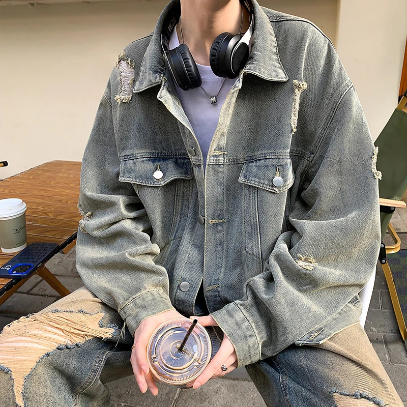 Denim jacket hip-hop mens clothing streetwear ripped hole denim jacket outerwear denim jacket flip collar oversized jacket 250411