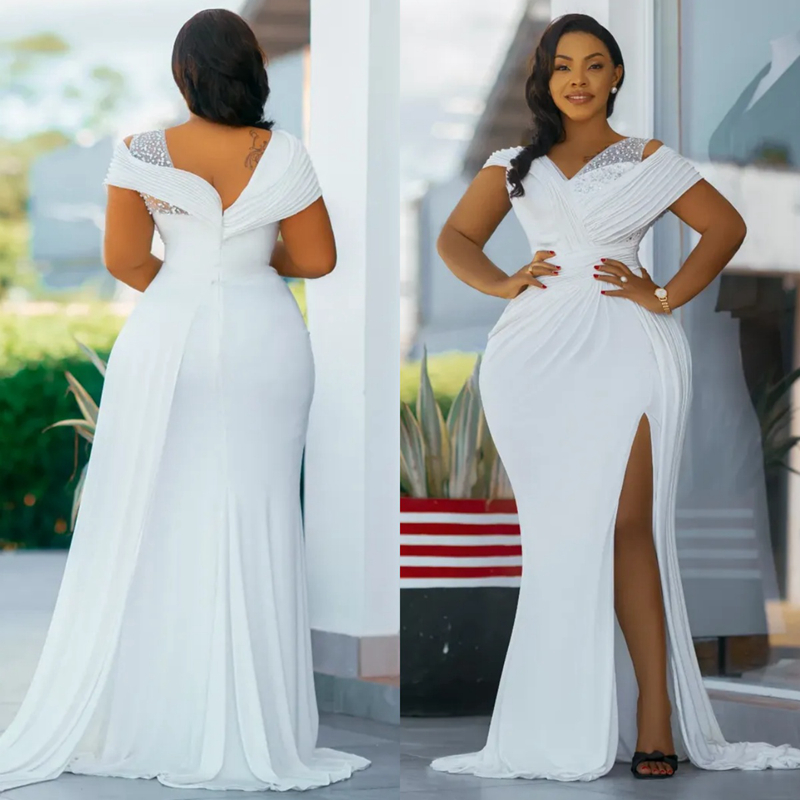 2025 Plus Size Mother Of The Bride Dress Chiffon Side Split Crystals Beaded Sequined Dress For Arabic Black Women Wedding Guest Outfit AMM123