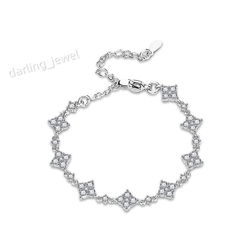 Adodo Factory Womens S925 Sterling Silver Moissanite Adjustable Bracelet with Four-leaf Clover Elegant Bangle Jewelry