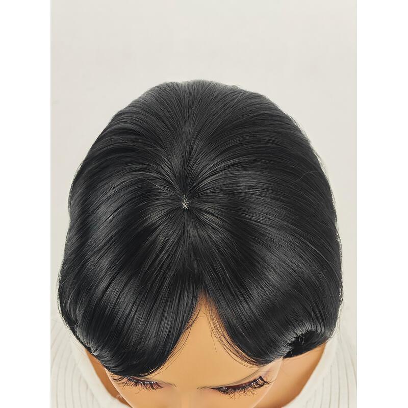 8 inch Straight Short Bob Hair Flat Bangs Cute Central Dot Skin Top Heat Resistant Synthetic Wigs (Natural Black)