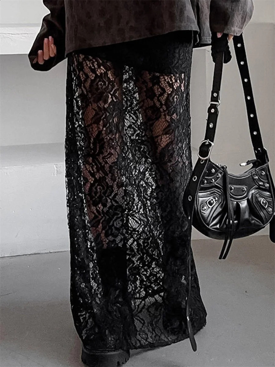 Women Lace Patchwork Long Skirts Vintage High Waist Solid Color See-Through Maxi Skirts Slim Skirts Elegant Temperament Skirts 250411