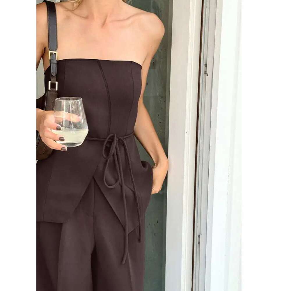 Designer Clothes Women Pant Sets Sexy Backless Straps Sleeveless Lace Up Top Loose Wide Leg Pants Suit Female 2025 Summer Fashion Lady Outfits