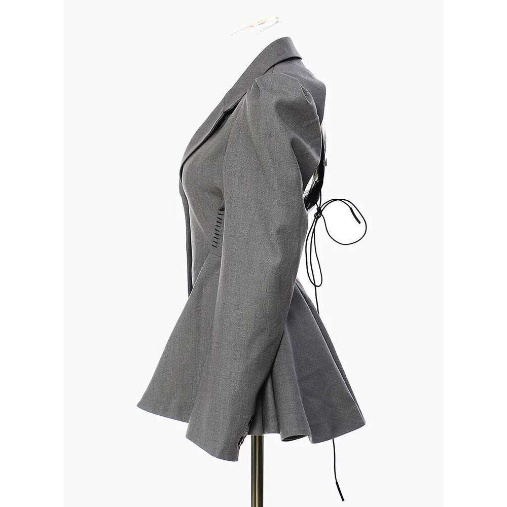EAM Women Gray Backless Mesh Ruffles Elegant Blazer New Lapel Long Sleeve Loose Fit Jacket Fashion Spring Autumn 2025 1De9895