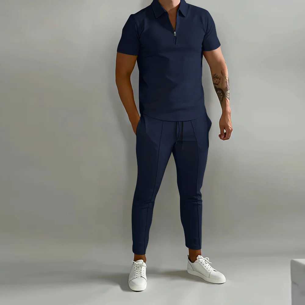 Spring/Summer New Mens Polo Shirt Short Sleeve Pants Set Solid Color Simple Fashion Lightweight Daily High Quality Mens WearXJ250412