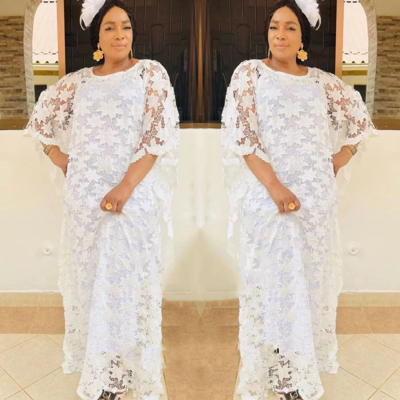MAMADA L7621 African Womens Clothing Dashiki Abaya Fashion White Lace Fabric Long SkirtInterior Heavy Duty Free Size 250411