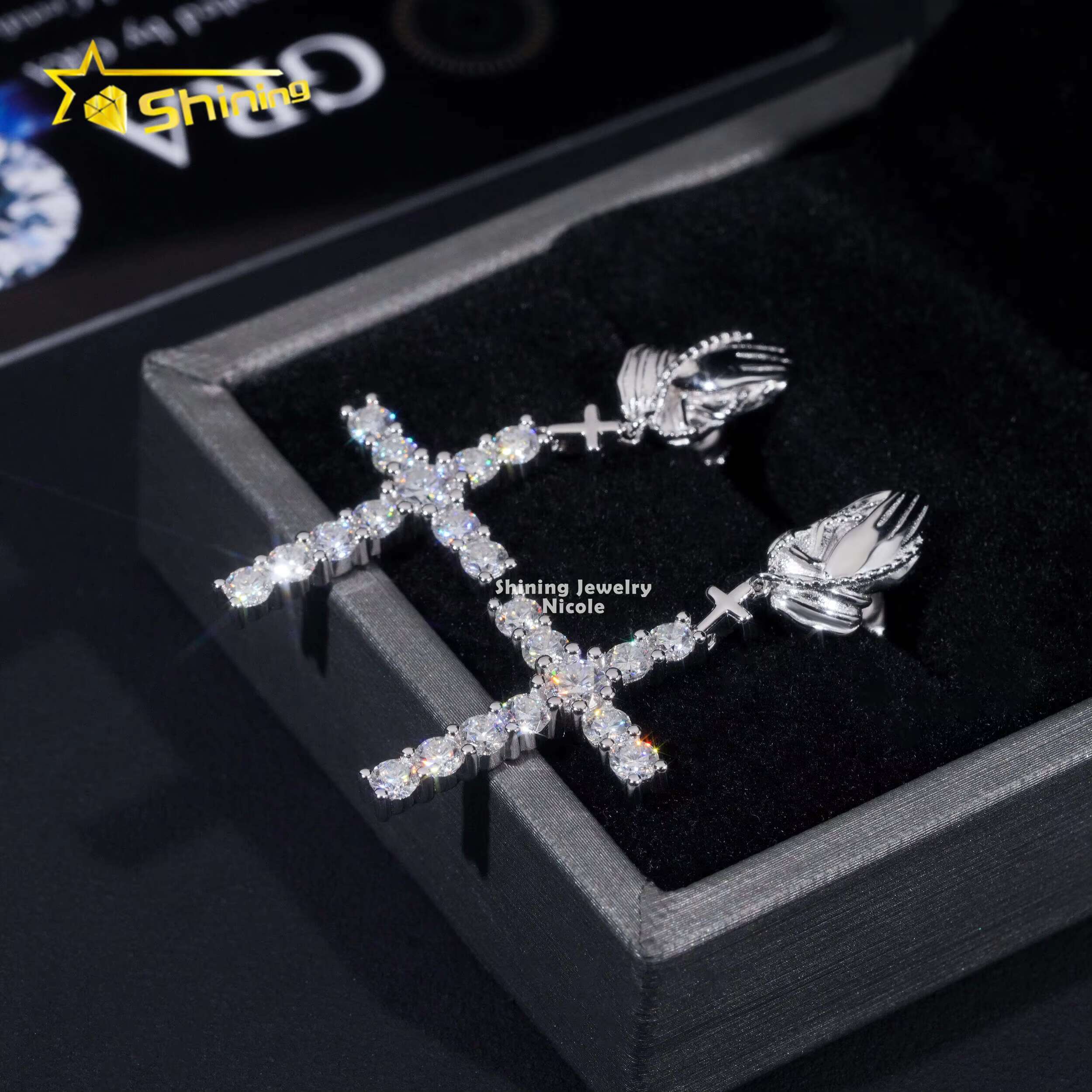 New Arrivals Hip Hop Style Cross Charms Iced Out 925 Sterling Silver Hoop Moissanite Diamond Drop Earrings