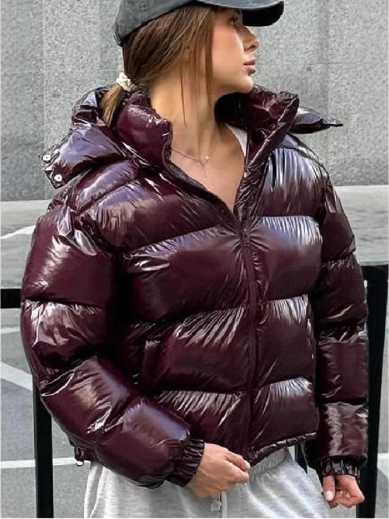 CNLONGBIDA Women's Down Solid Color Shiny Hooded Cotton-Padded Jacket Y2K Aesthetic Puffer Coat Windproof & Waterproof Down Jacket Short Length f