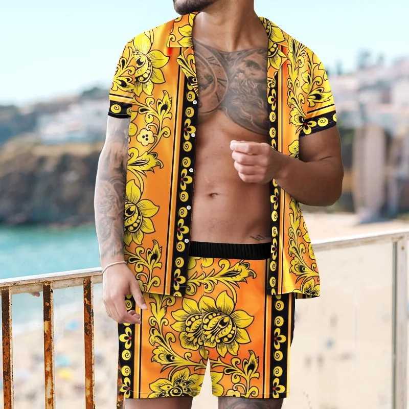 Retro Hawaii 2PCS set beach style mens 3D printed luxury summer set collar short sleeved Hawaiian shorts setXJ250412