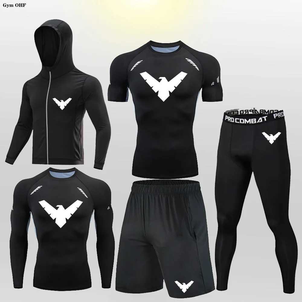 Nightwing Mens Track and Field Wear T-shirt+Pants Set Mens Long Sleeve Compression Shirt Set Fitness MMA Rashguard Sportswear W250412