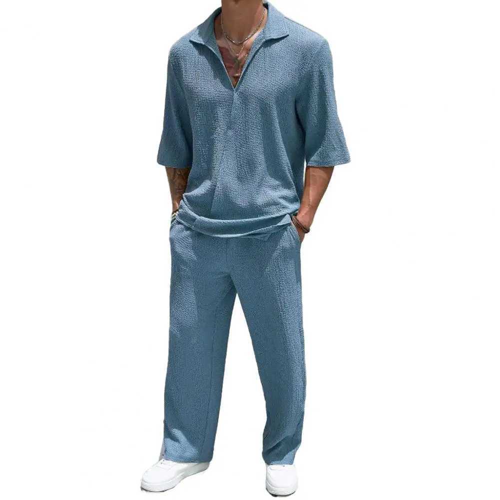 2-piece/set mens casual suit with collar long sleeved top elastic waist long pants set solid color commuting style setXJ250412