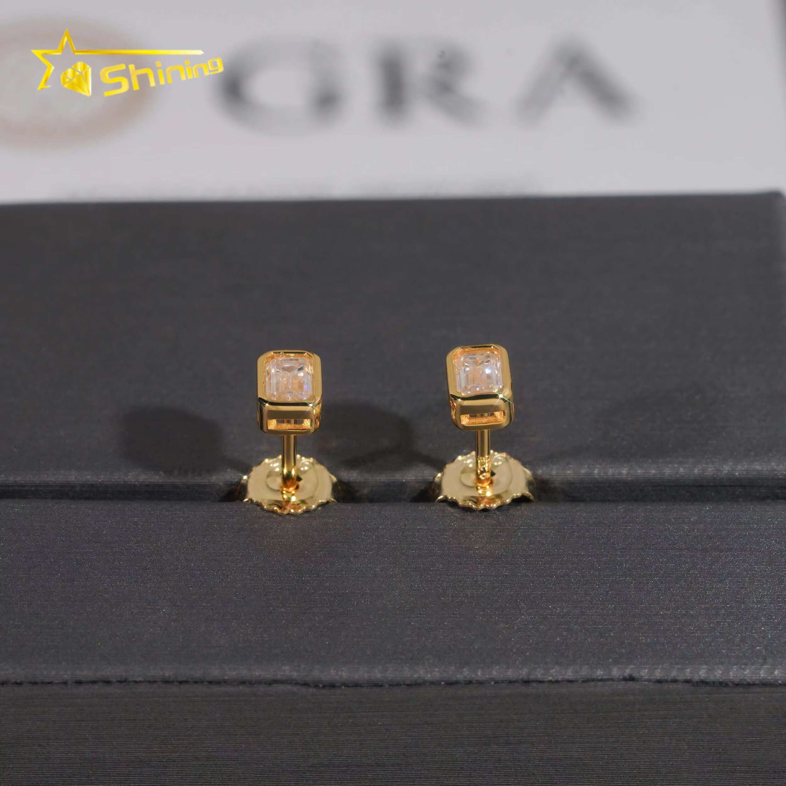 New Arrival Hip Hop Gold Plated Bezel Setting Emerald Cut Moissanite 925 Silver VVS Diamond Earrings