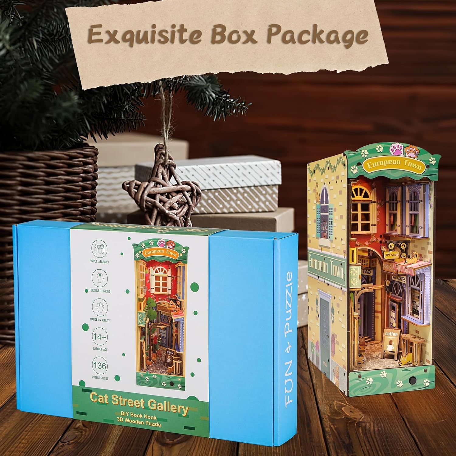 Cat Street Gallery DIY Assembled Bookend, Exquisite Cat-Themed Dollhouse with Light Effect, Creative Bookshelf Decoration & Puzzle Craft-L0314P