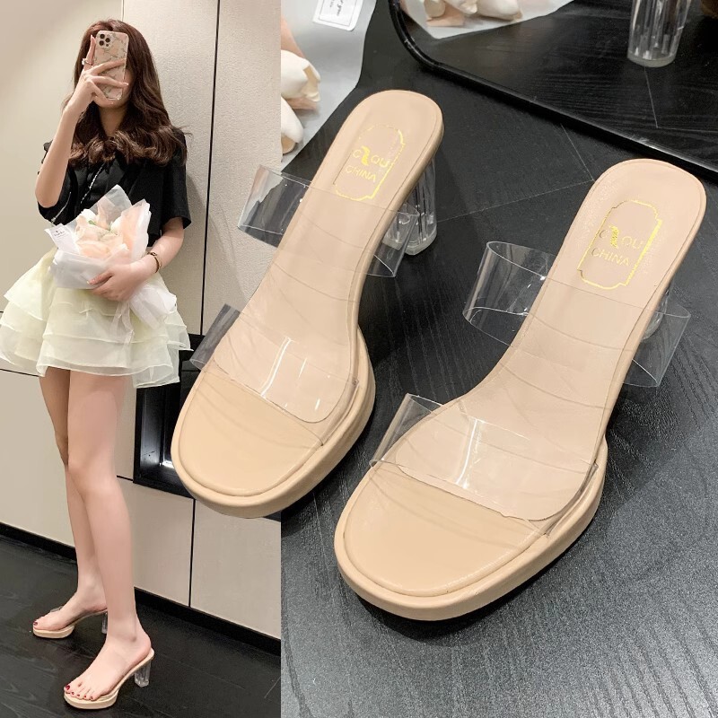 Large transparent crystal high heels in 2025 new internet celebrity rhinestones external wear sandals for women