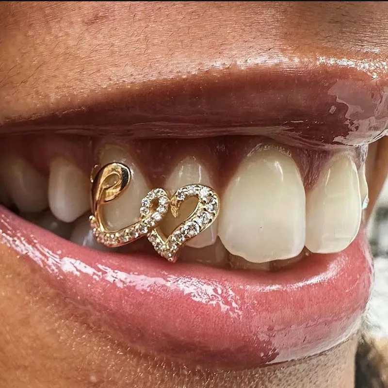 Stainless steel double heart dental cap suitable for women punk hip-hop zircon hollow love teeth Grilz couple jewelry accessories W250412