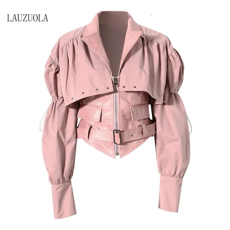 Two Piece Women Drawstring Cropped Jacket And PU Faux Leather Sleeveless Vest Matching Sets 2024 Autumn Winter Fashion Outerwear