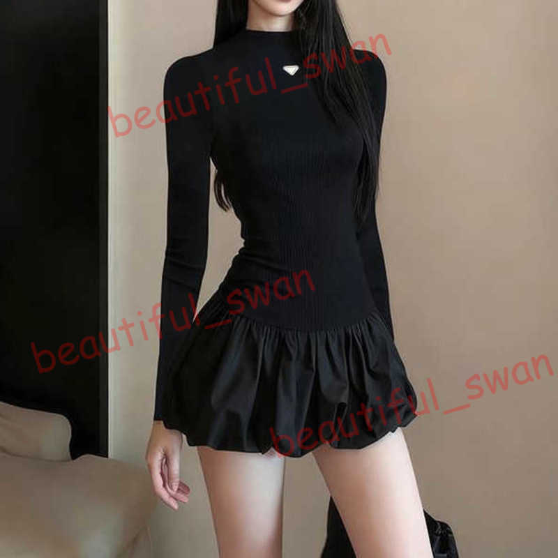 Designer dresses for women Autumn Hot Girl Outfit Sexy Inner Wear Long Sleeve Puffy Flower Bud Dress Short Waist Slimming Black Jumpsuit