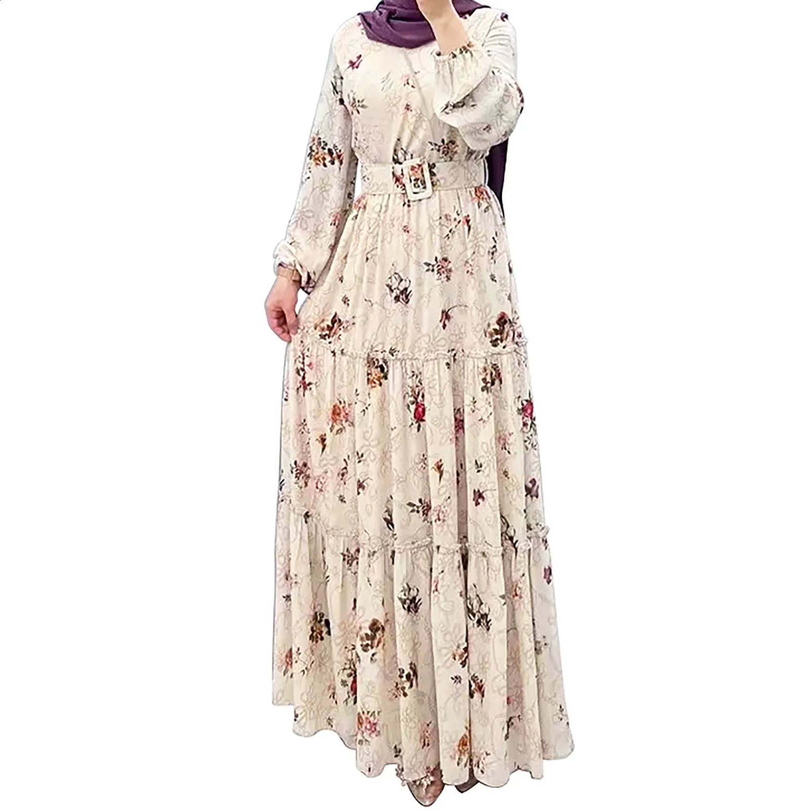 Eid al Fitr Muslim Dress Female Abaya Jalabiya Turtle Neck Flower Printed Belt Dubai Kaftan Robe Vestidos Ramadan Abayas 250411