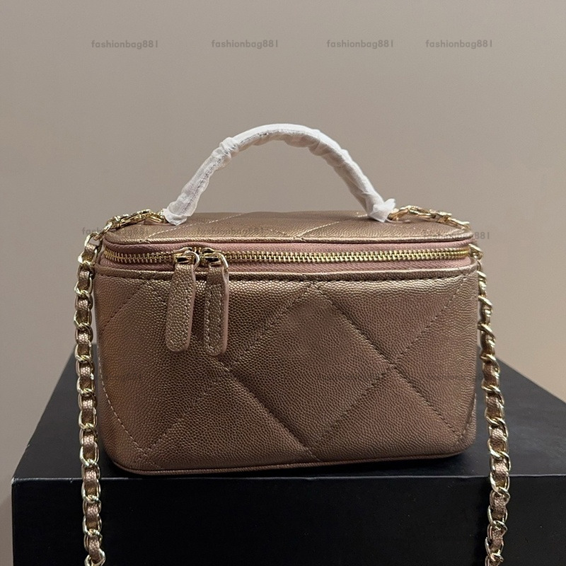 Luxury Fashion Handheld Box Makeup Bag with Handle Calfskin Light Gold Metal Hardware Removable Chain Check Pattern Zipper Shoulder Tote Women Mirror Wallte 17cm