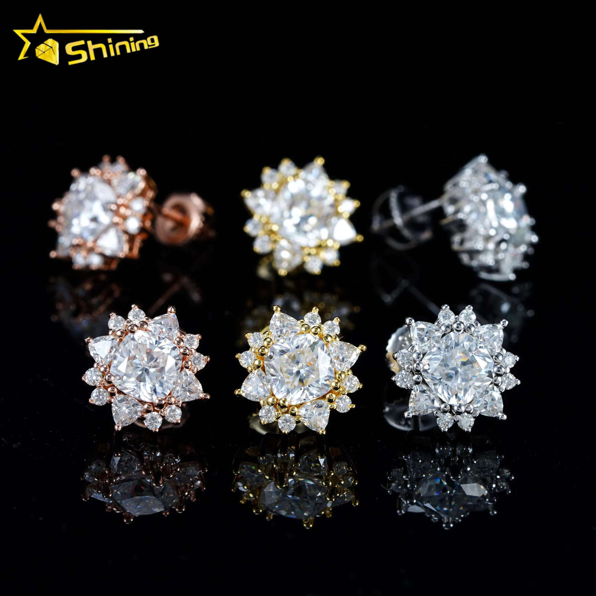 Diamond Tester Certified Factory Price 925 Sterling Silver Gold Plated VVS Diamond Moissanite Stud Earrings Cluster Earring