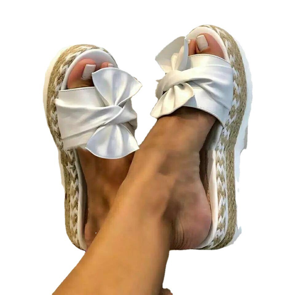 Large size shoes, straight line sandals, outerwear, summer slope heel bow slippers, women's beach sandals