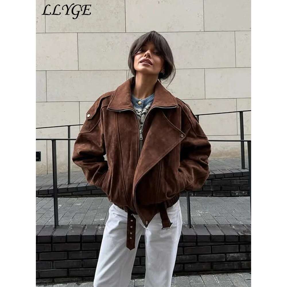 Designer Clothes Street Women's Belt Short Suede Jackets Loose Lapel Full Sleeve Zipper Female Coats 2025 Spring Lady Vintage Patchwork Outwear