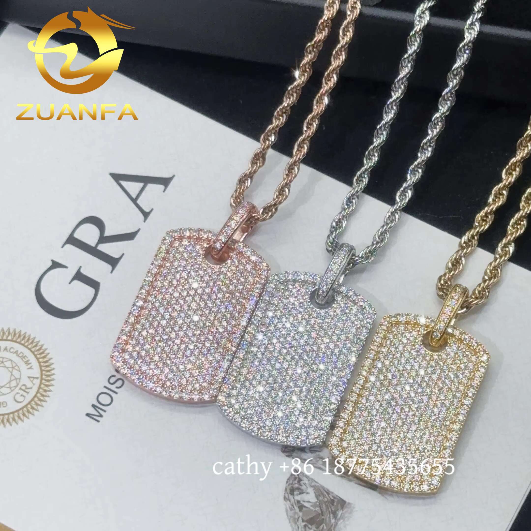 Ready to Ship Moissanite Hip Hop Jewelry Tag Iced Out Pendant Sterling Silver 925 Moissanite Dog Tag Pendant With Rope Chain