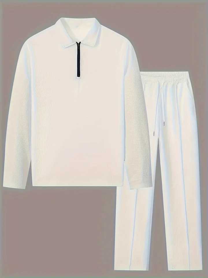Two piece mens casual solid color zipper polo set made of polyester material suitable for daily street life in spring and autumnXJ250412