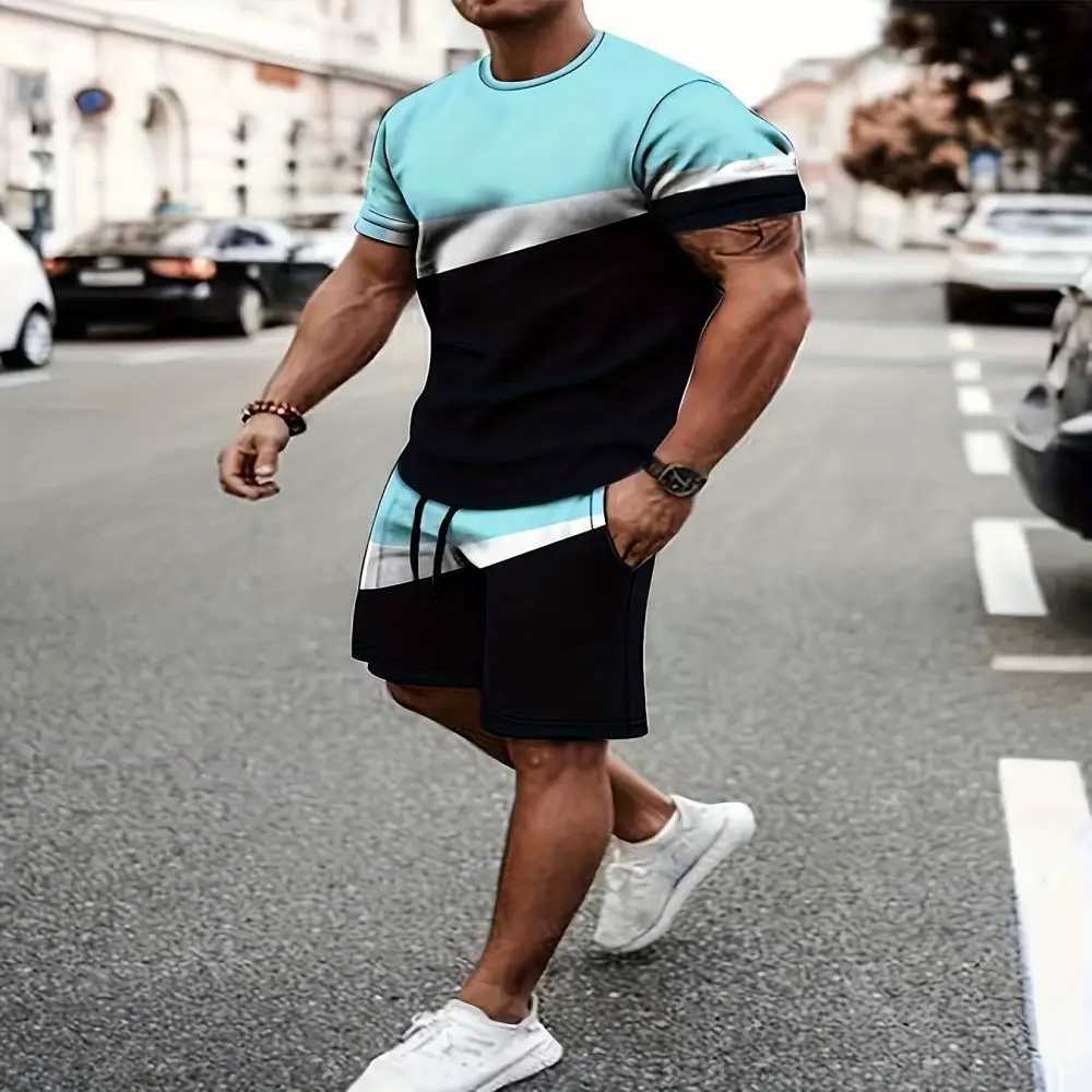 2025 New Summer Mens Sportswear Mens Loose Fashion Clothing 3D Printed T-shirt Mens Simple Fashion Set LiXJ250412