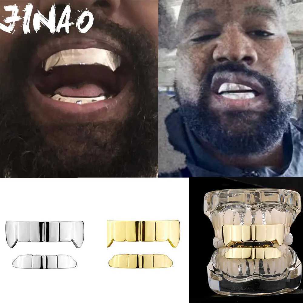 Jinao Hip Hop Smooth Surface Tooth Grill Set Yes Tooth Grill Punk Rap Singer Luxury Fashion Jewelry Halloween FLame Cosplay W250412