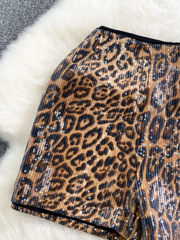 PREPOMP Fashion Sexy Womens Sequins Leopard Short Autumn Collection High Waist Wide Leg Short Pant Female Trendy GM787 250409