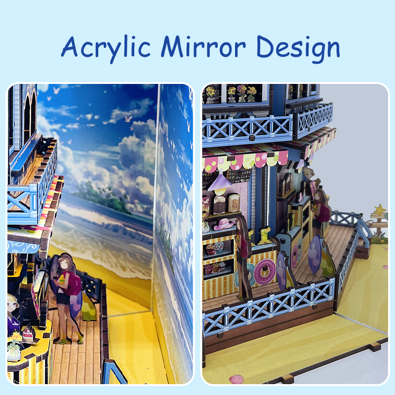 Seaside Street DIY Assembled Bookend, Exquisite Coastal-Themed Wooden Craft with LED Light Effect, Creative Bookshelf Insert Decor-L0321P