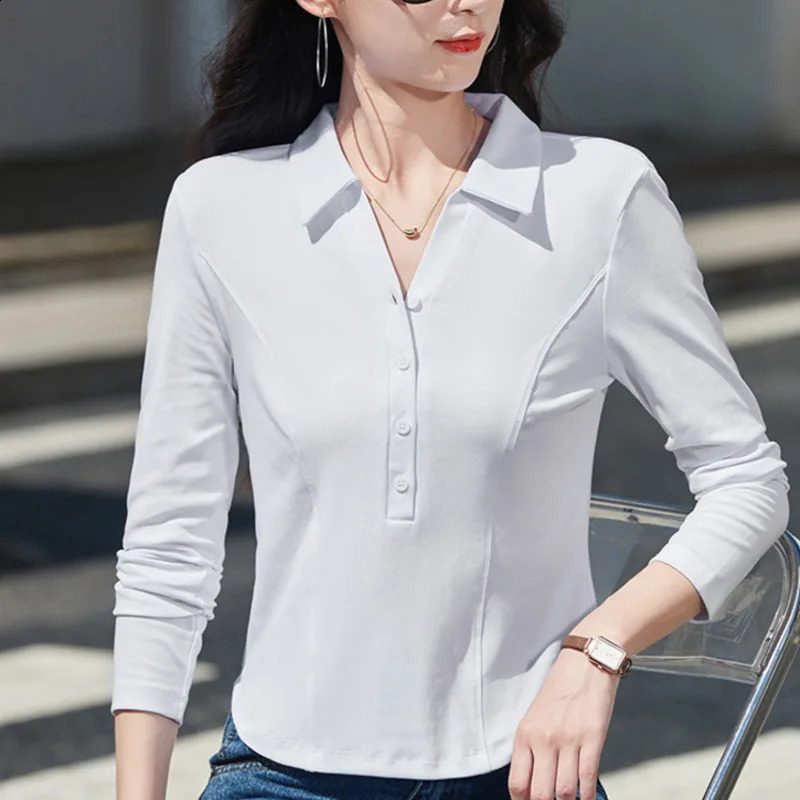 #3858 Black White Khaki Red Long Sleeve T Shirt Women Slim Korean Style Short Polo T Shirt Buttons Stretch Cotton Summer 2025 250411