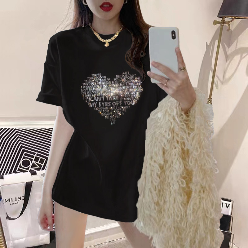 2025 Designer Heart Shaped T-shirt Women's Black Slim Fashion Hot Brick Craft Letter Half Sleeve Top Love Letter Romantic Women's Short Slee
