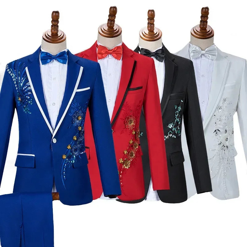 Men Wedding Suit 2 Piece Blue / Red Fashion Singer Host Dance Party Decal Dress Set Slim Male Blazer and Pant 251105