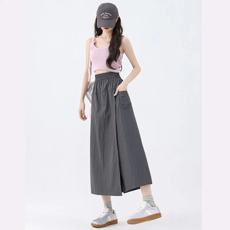 Harajuku Womens Wide Leg Pants Casual Elastic High Waist Pocket Leather Pants Womens Summer Solid Leg Pants 250408