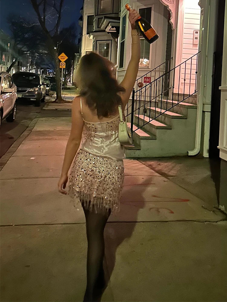 Fashion Sequin Tassel Skirt Set Women Sling Sleeveless Backless Crop Tank High Waist A-line Mini Skirts Female Sets 2025 Spring 250411