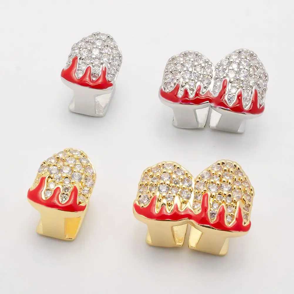 Double Toothed Grillz Silver Plated Gold Plated Top Right Side Dog Double Toothed Grills Full Rhinestone Cap Jewelry Mens Style W250412