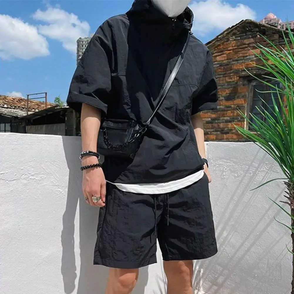 Summer Product Style Set Mens Casual Hoodie Solid Short Sleeve T-shirt Loose Fashion High Quality Handsome Sportswear SetXJ250412