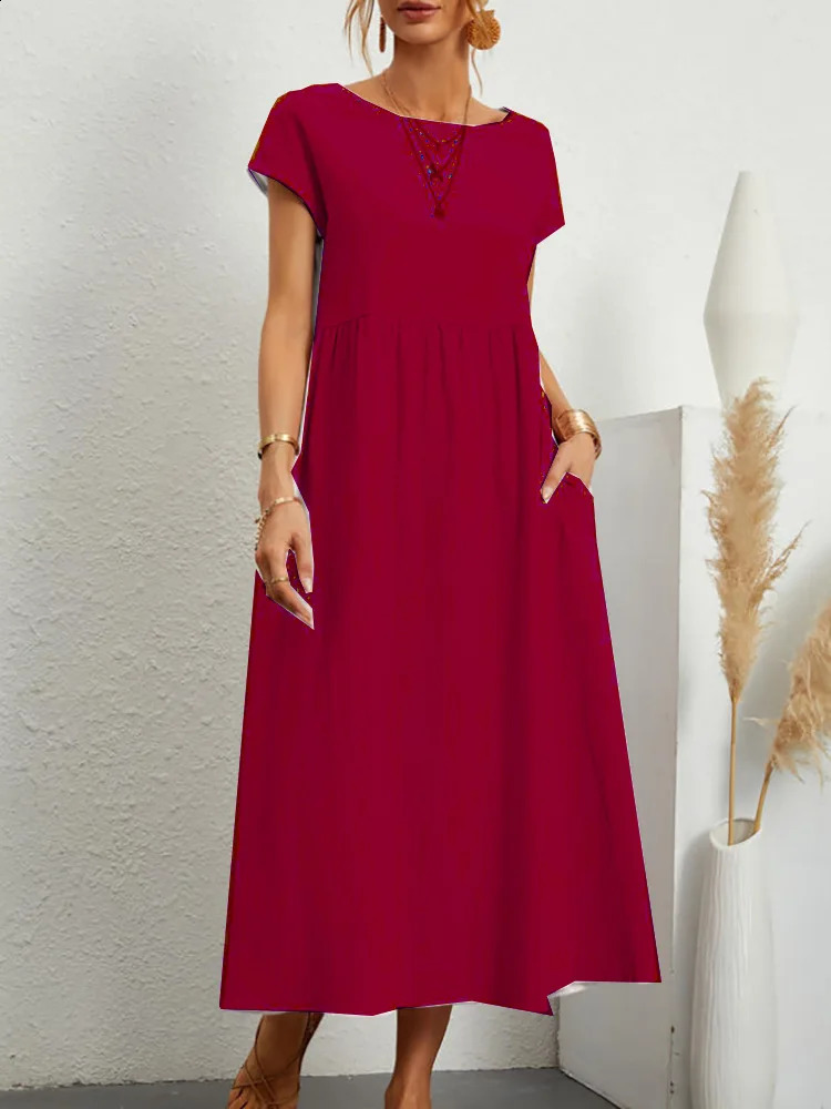Women Vintage Solid Dress Summer Elegant O Neck Short Sleeve Cotton Linen Dresses Female Casual Loose Sundress Long Dress 250411